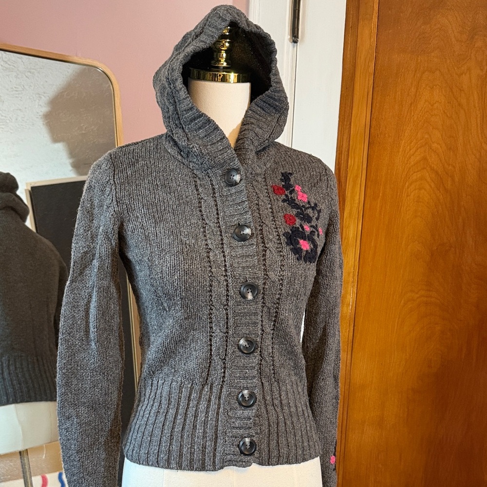 H&M Gray Hooded Cardigan with Floral Accents